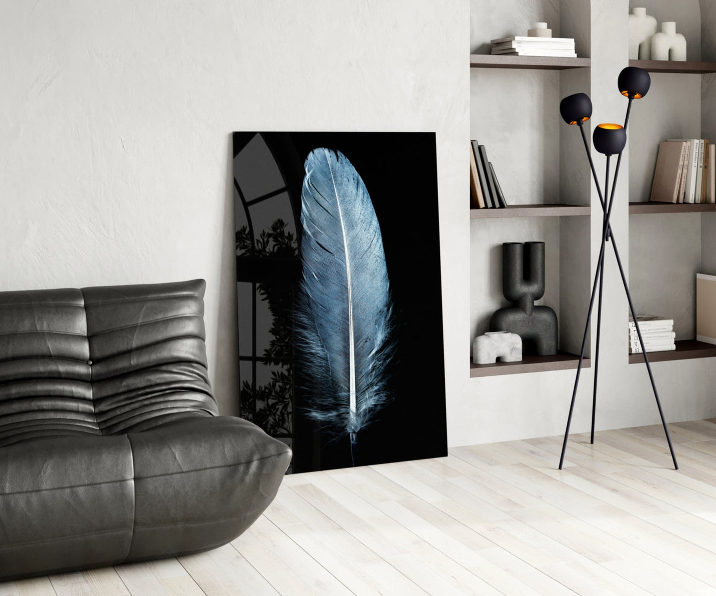 Single Blue Gray Quill Feather Glass Wall Art