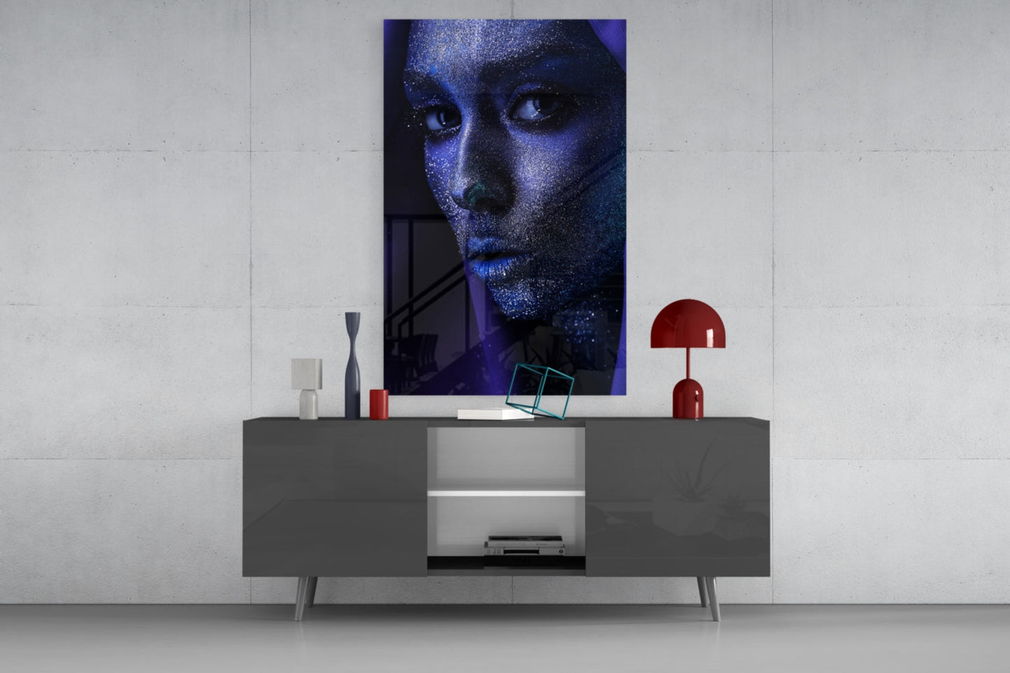 Silver Glitter Face Violet Veil Glass Wall Art