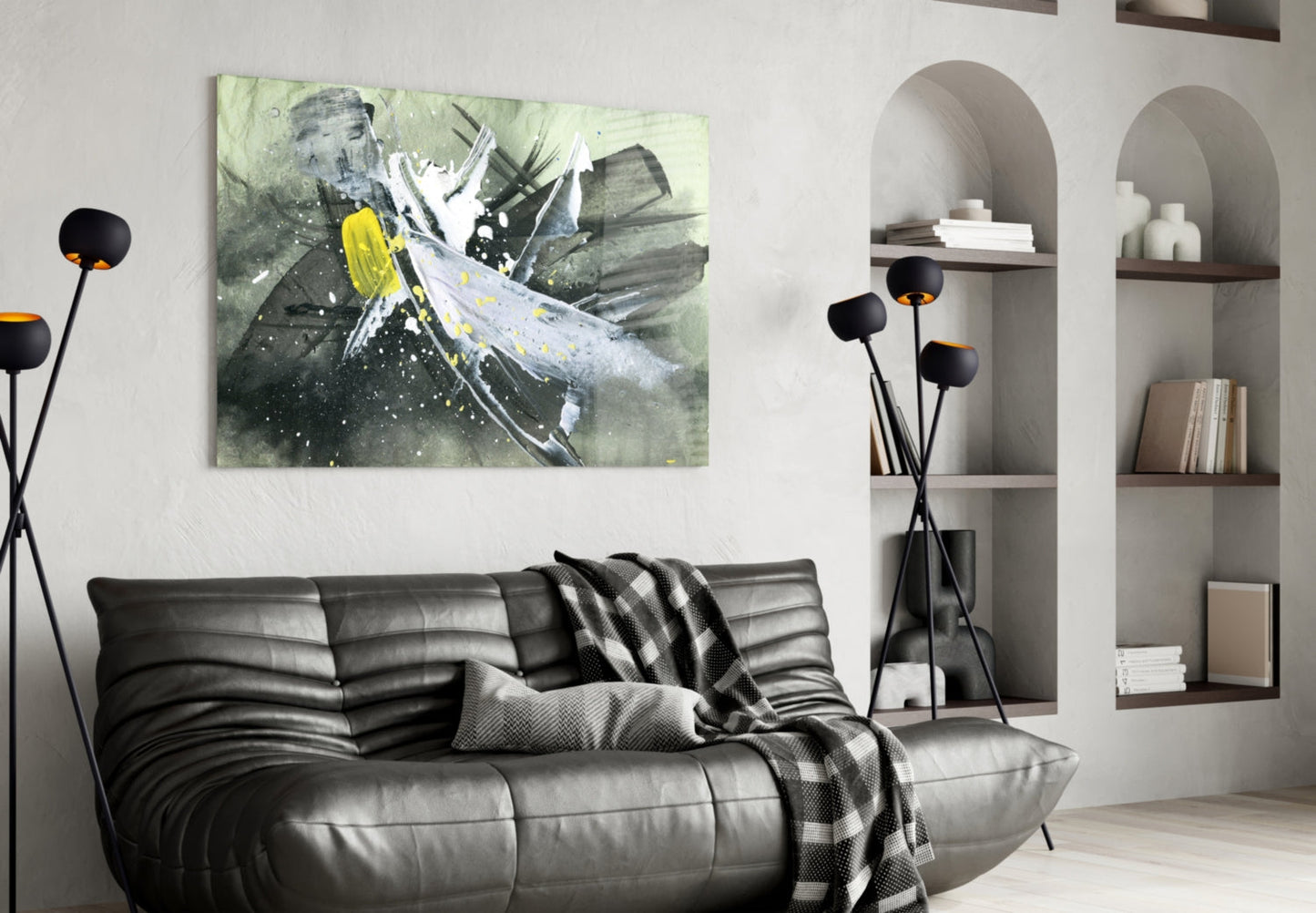Yellow Accent Ink Splash Glass Wall Art