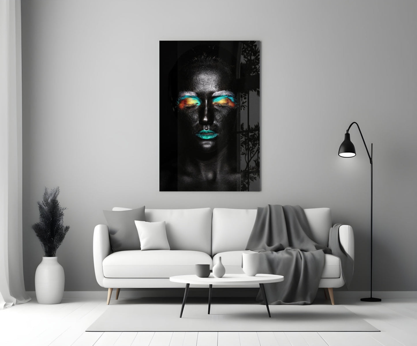 Teal Orange Eyeshadow Woman Glass Wall Art