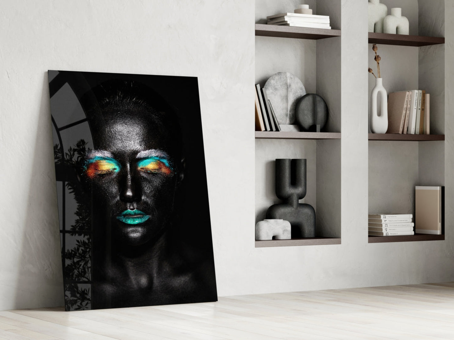 Teal Orange Eyeshadow Woman Glass Wall Art