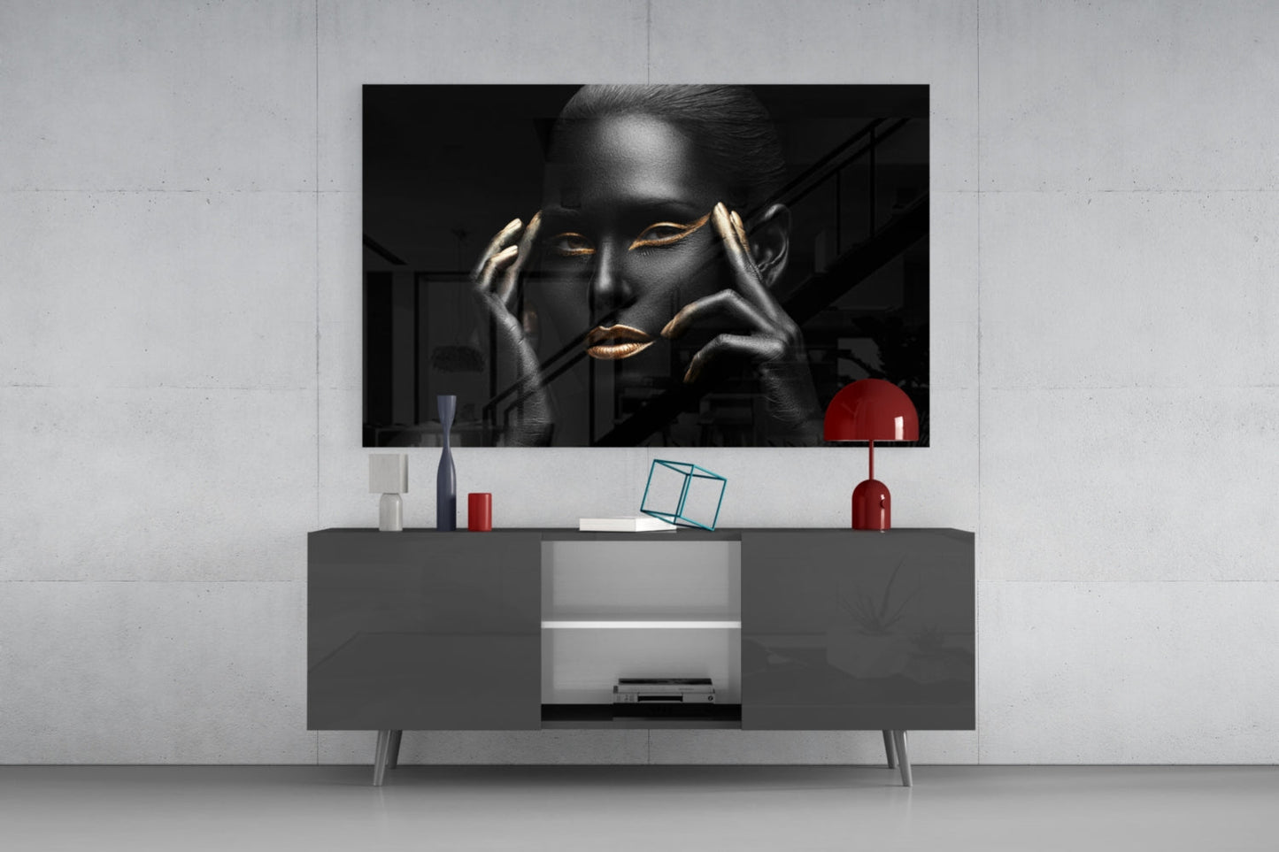 Gold Lips Framing Hands Woman Glass Wall Art