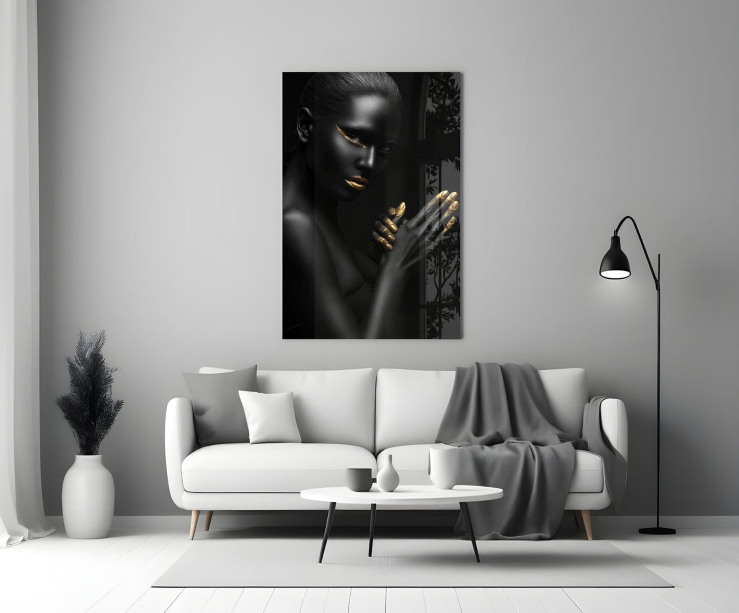 Gold Lips Praying Hands Woman Glass Wall Art