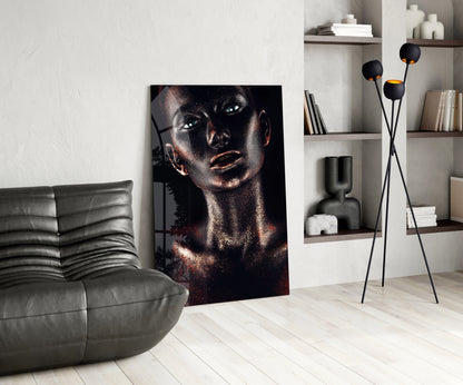 Copper Glitter Blue Eyes Woman Glass Wall Art