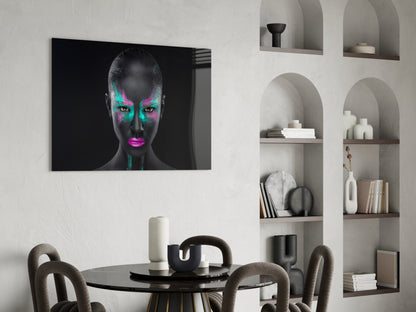 Magenta Teal Powder Face Woman Glass Wall Art