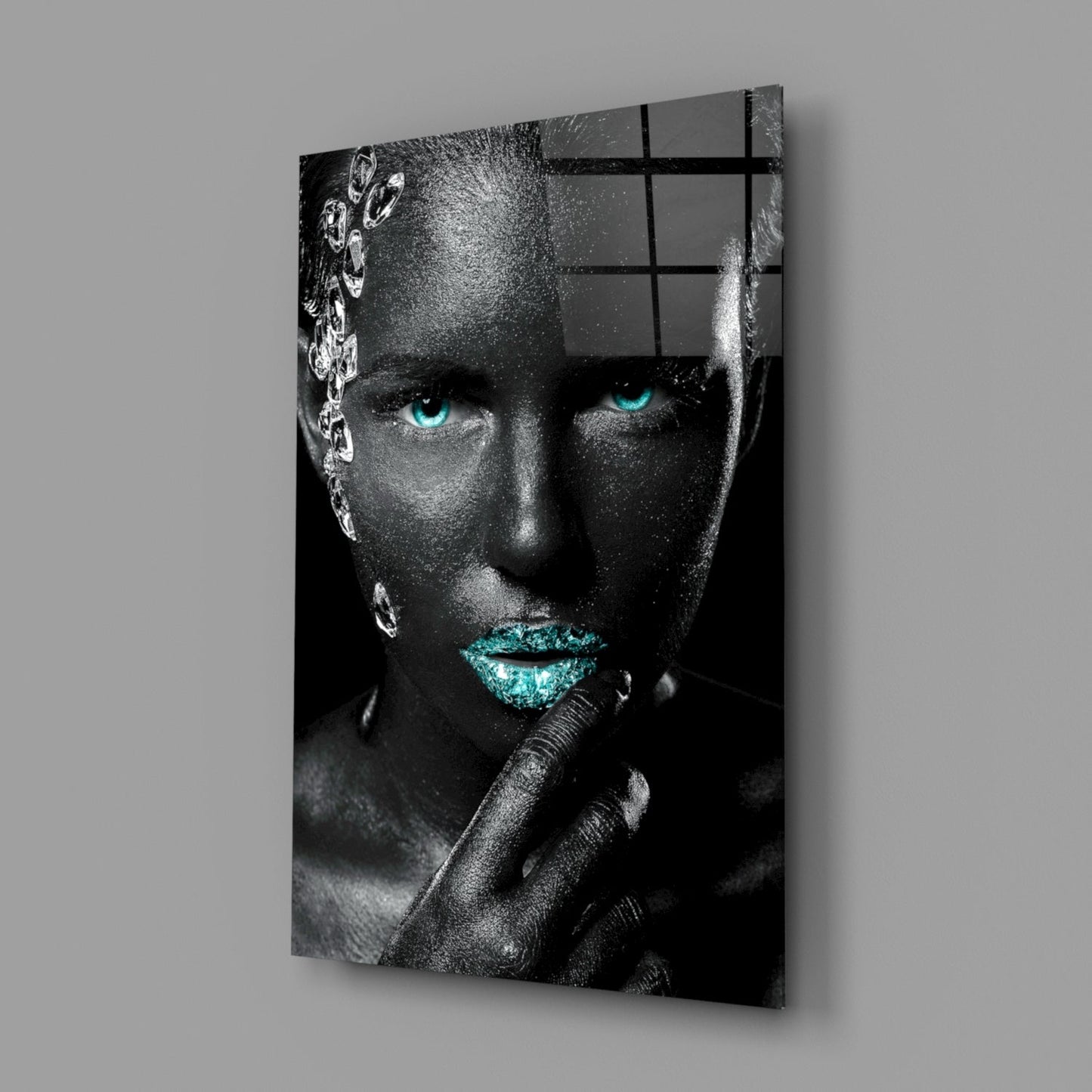 Turquoise Eyes Silver Gems Woman Glass Wall Art