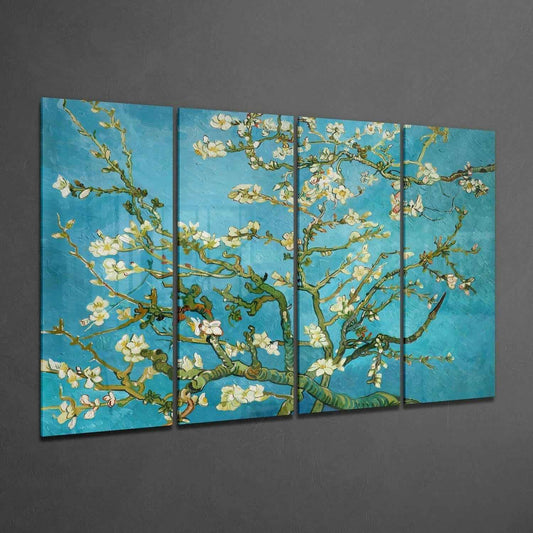 Turquoise Green Sakura Blossom Branches 4 Pieces Mega Glass Wall Art