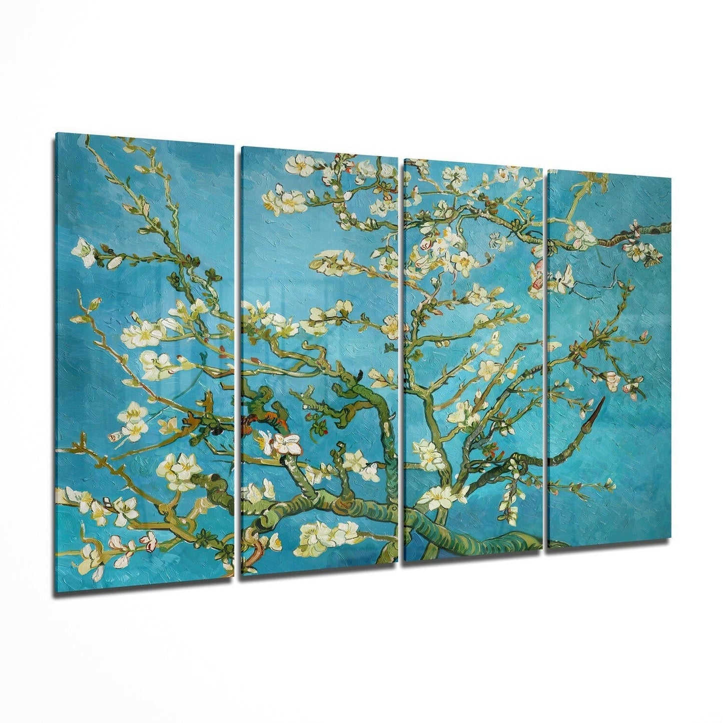 Turquoise Green Sakura Blossom Branches 4 Pieces Mega Glass Wall Art