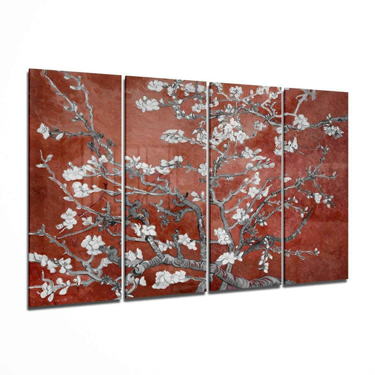 Terracotta Red Sakura Blossom Branches 4 Pieces Mega Glass Wall Art