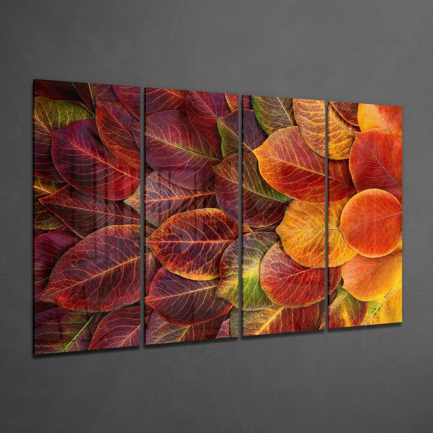 Crimson Fallen Autumn Leaf Pile 4 Pieces Mega Glass Wall Art