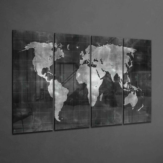 Chalkboard Silver World Map Glass Wall Art