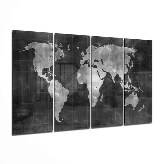 Chalkboard Silver World Map Glass Wall Art