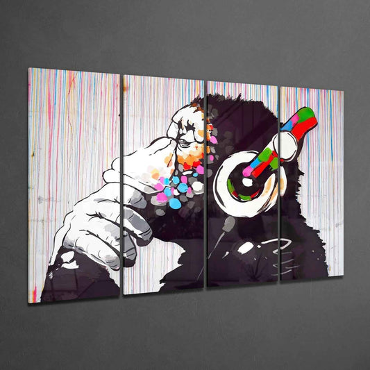 Thinking Chimp With Headphones Drip Stripes 4 Pieces Mega Glass Wall Art