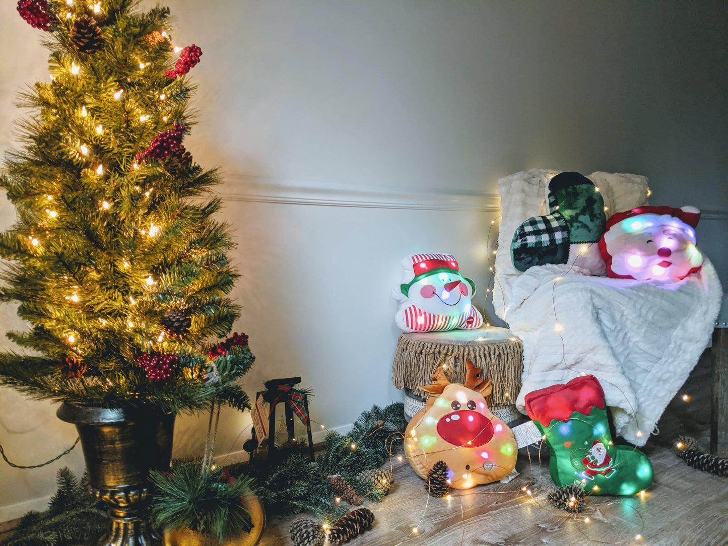 Tache Squishy Light Up Cute Christmas Cheery Santa Microbead LED Throw Pillow