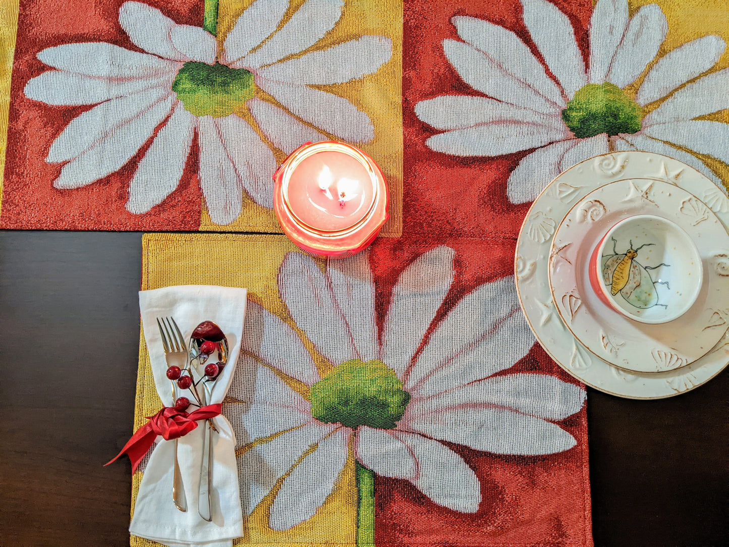 Tache Daisy Loves Me Not Floral Red & Yellow Tapestry Placemat Set (9046)