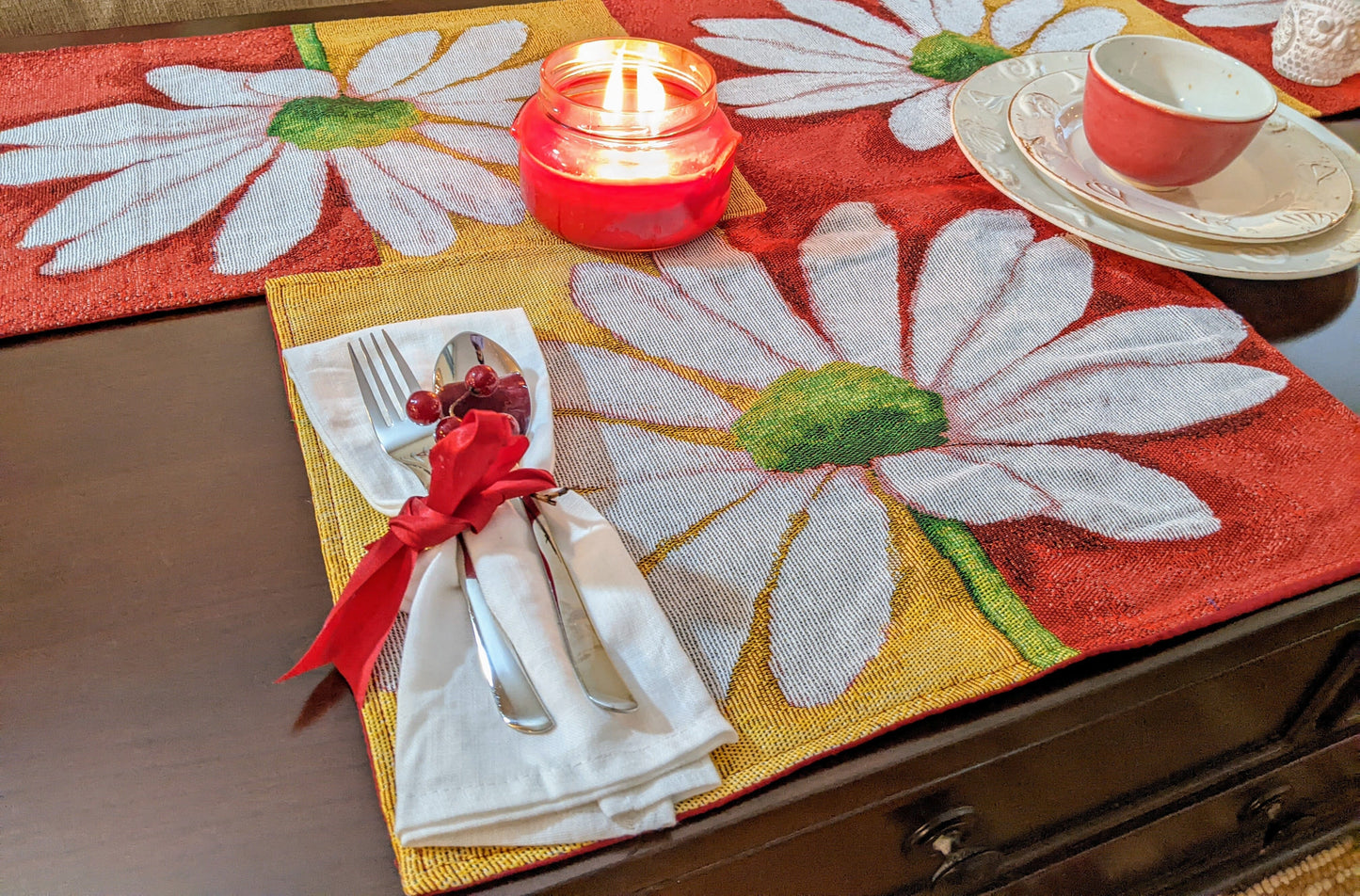 Tache Daisy Loves Me Not Floral Red & Yellow Tapestry Placemat Set (9046)