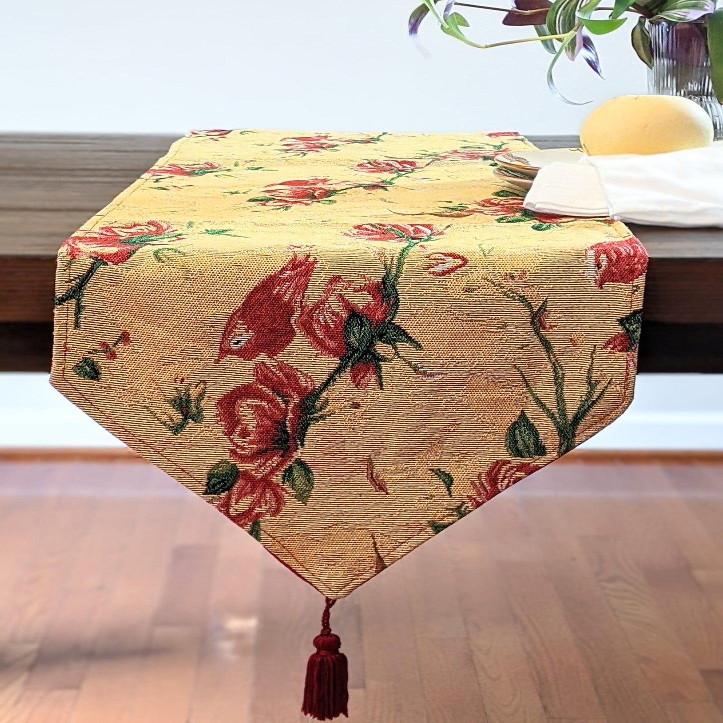 Tache Golden Woven Tapestry Table Runner - Red Roses & Hummingbirds (18115)