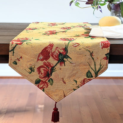 Tache Golden Woven Tapestry Table Runner - Red Roses & Hummingbirds (18115)
