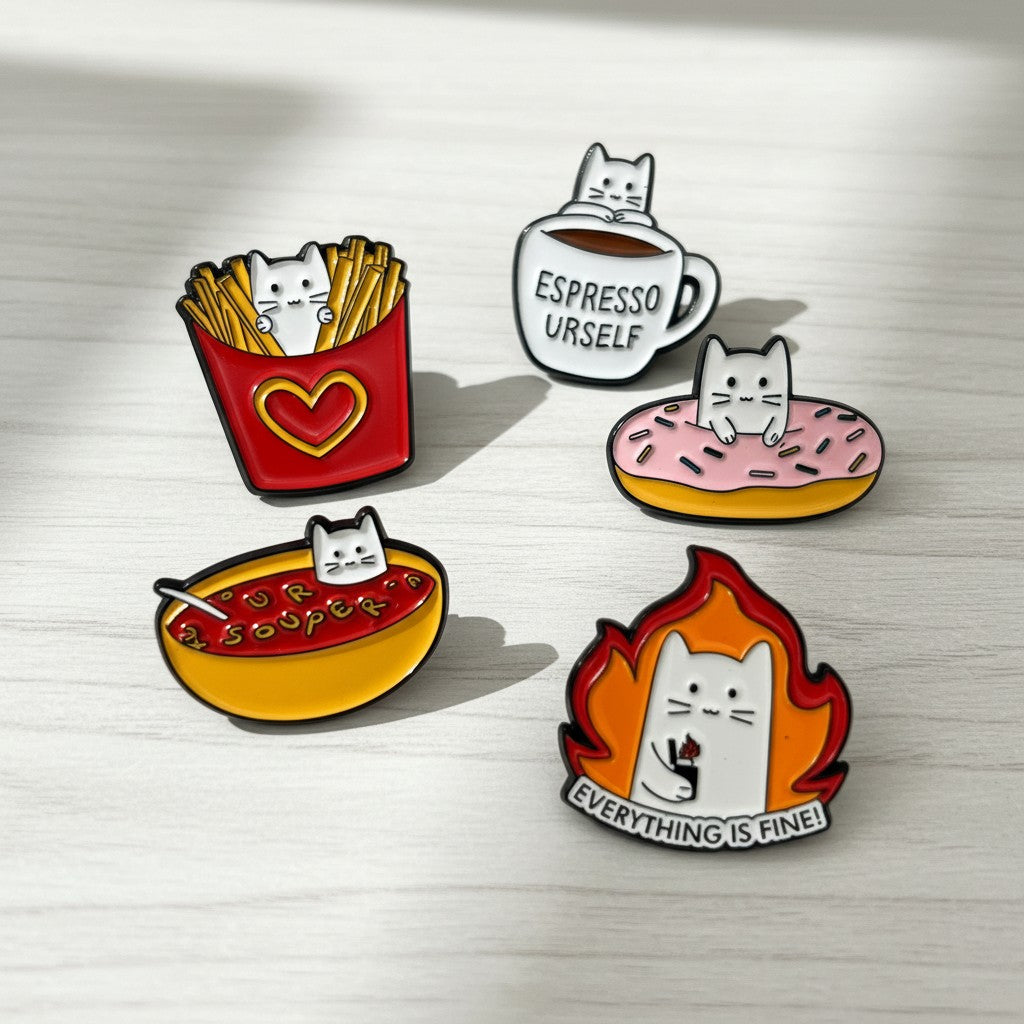 Kawaii Cat Enamel Pin Set – 5 Funny Hard Enamel Lapel Pins