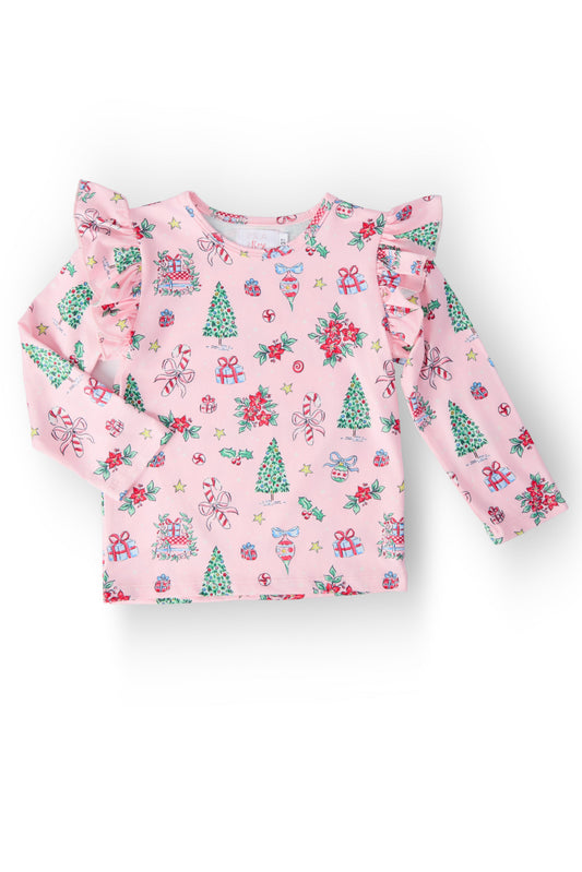 Pink Christmas L/S Ruffle Tee