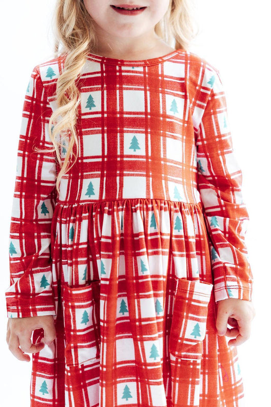 Plaid Trees L/S Pocket Twirl Dress - Shaketea