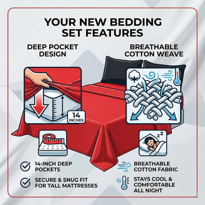 Tache 100% Cotton Vibrant Red & Black 4-Piece Sheet Set (BS4PC-BR)