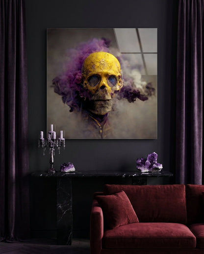 Front Facing Yellow Skull Violet Haze Glass Wall Art