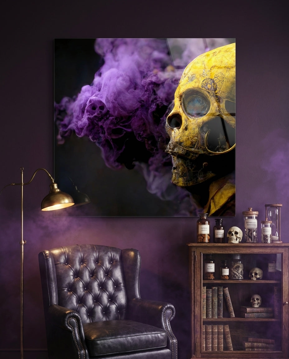 Golden Skull Profile Purple Smoke Glass Wall Art