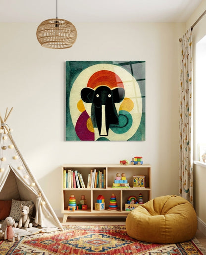 Geometric Elephant With Red Sunburst Glass Wall Art