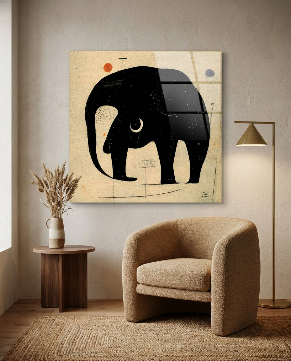 Minimalist Black Elephant On Beige Glass Wall Art