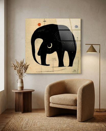 Minimalist Black Elephant On Beige Glass Wall Art