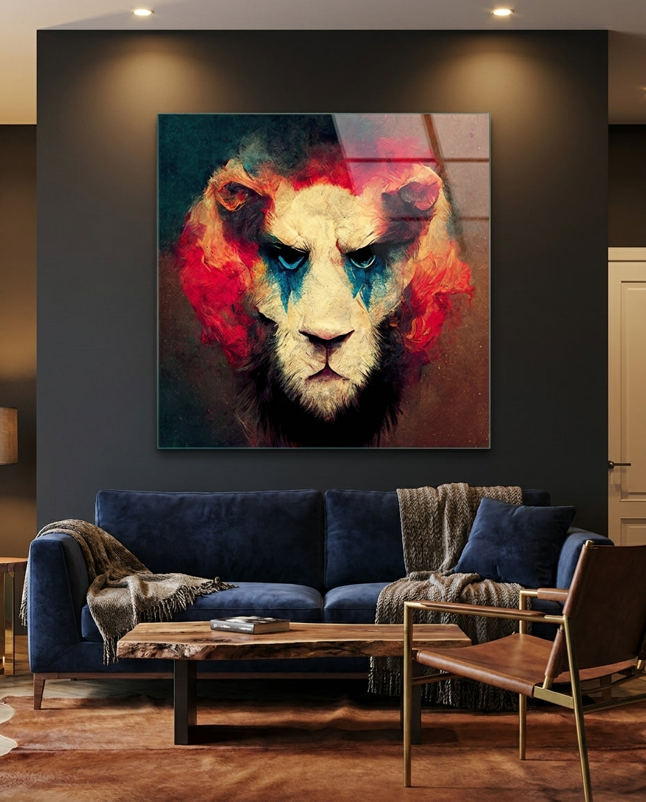 Fiery Red Mane Lion Blue Eyes Glass Wall Art
