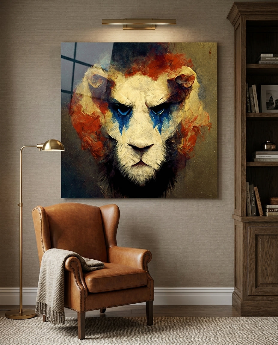 Blue War Paint Lion Amber Mane Glass Wall Art