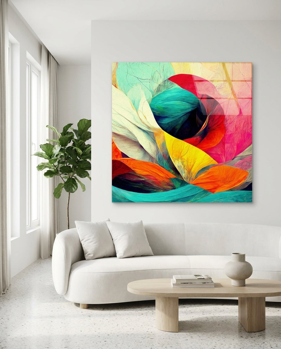 Turquoise and Orange Petal Bloom Glass Wall Art