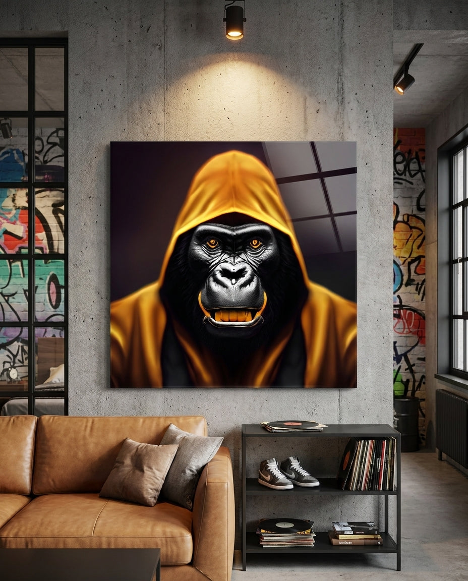 Golden Hooded Gorilla Fierce Gaze Glass Wall Art