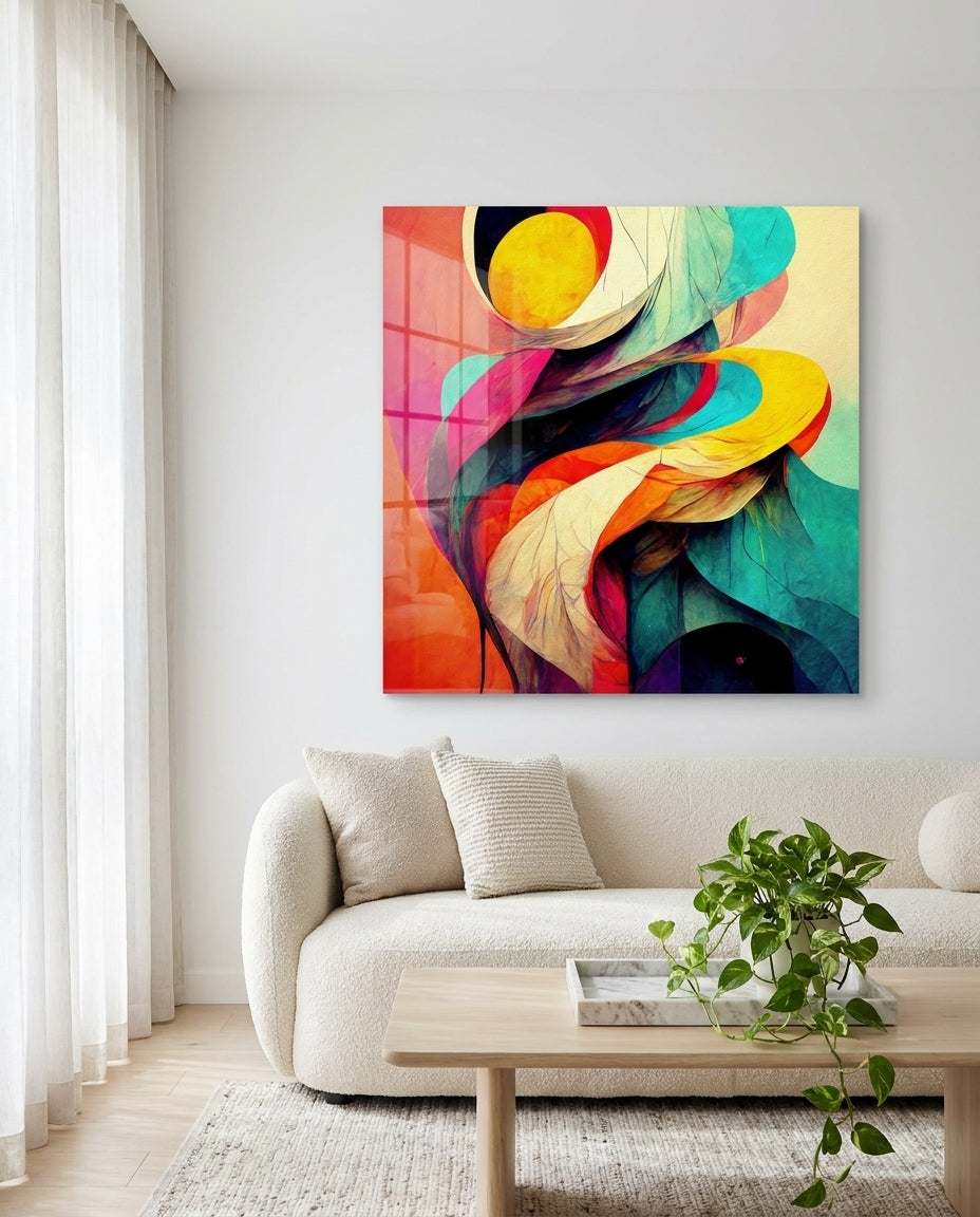 Yellow Sun Coral Ribbon Abstract Glass Wall Art