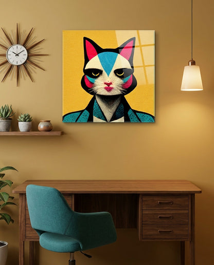 Retro Cat in Teal Dotted Jacket Glass Wall Art
