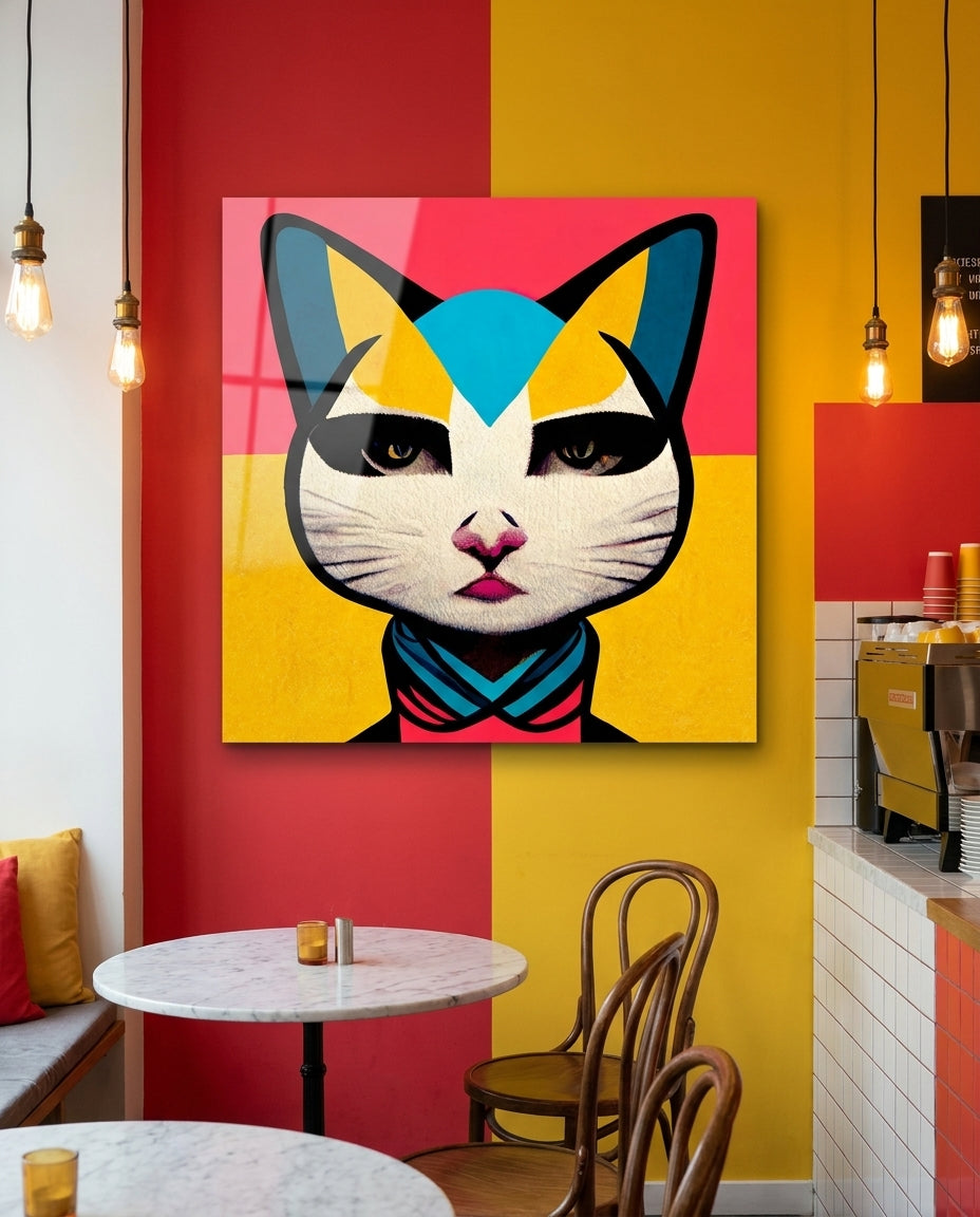 Pop Art Cat Pink and Yellow Split Glass Wall Art