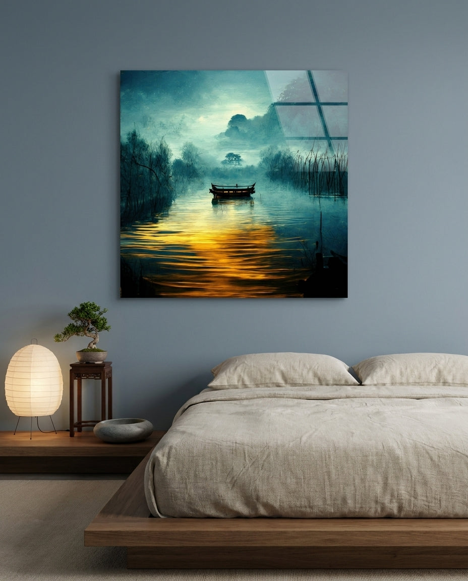 Misty Teal River Boat Golden Glow Glass Wall Art