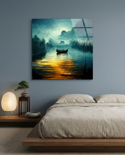 Misty Teal River Boat Golden Glow Glass Wall Art