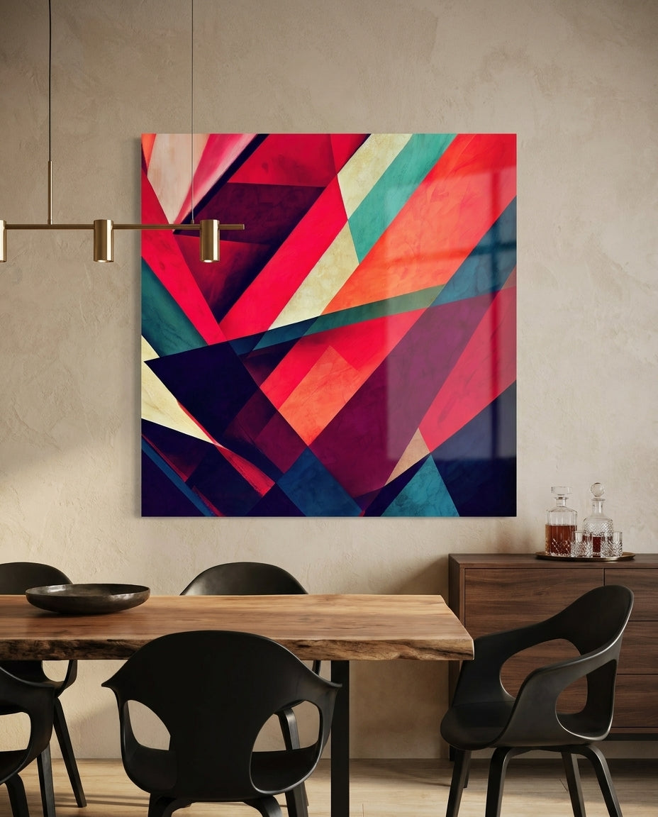 Crimson Teal Angular Triangle Shards Glass Wall Art