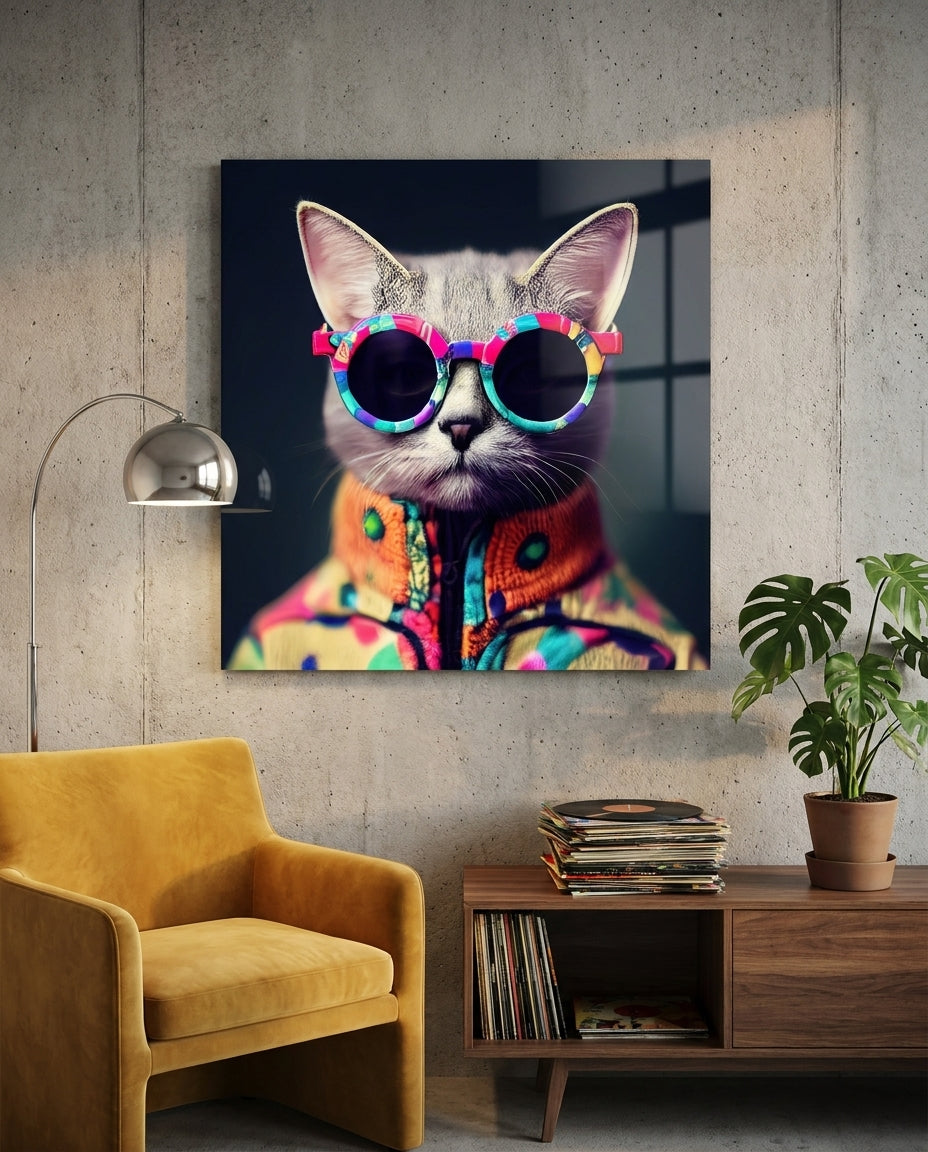 The Coolest Cat Glass Wall Art  || Designer Collection