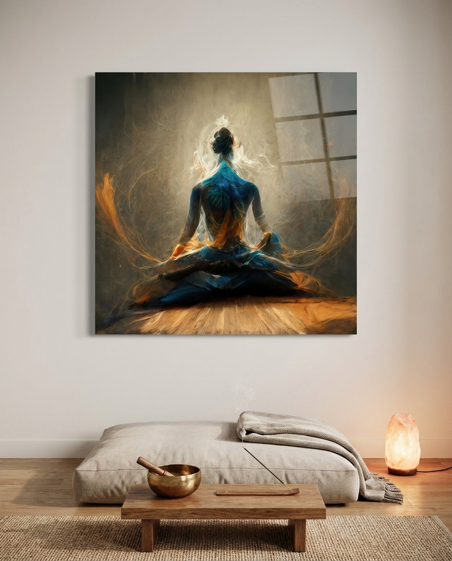 Blue And Amber Energy Meditation Glass Wall Art