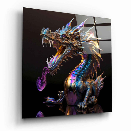 Chrome Dragon Breathing Purple Flame Glass Wall Art
