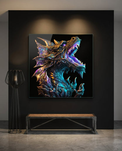 Iridescent Teal Roaring Dragon on Black Glass Wall Art