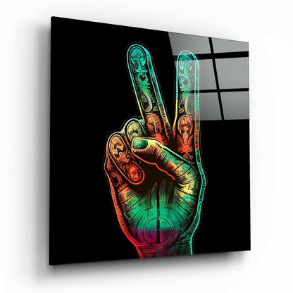 Colorful Peace Fingers Hand Sign Glass Wall Art