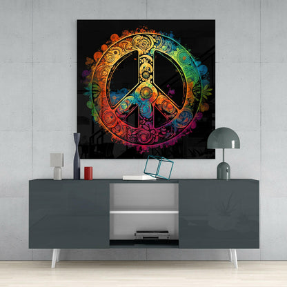 Golden Ornate Paisley Peace Sign Glass Wall Art