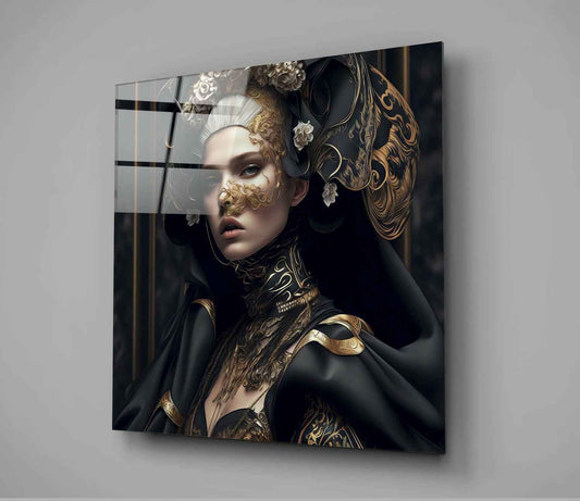 Black Cloak Gold Baroque Woman Glass Wall Art