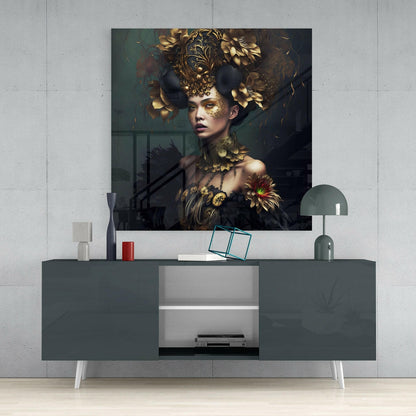 Gold Horned Headdress Emerald Lady Glass Wall Art