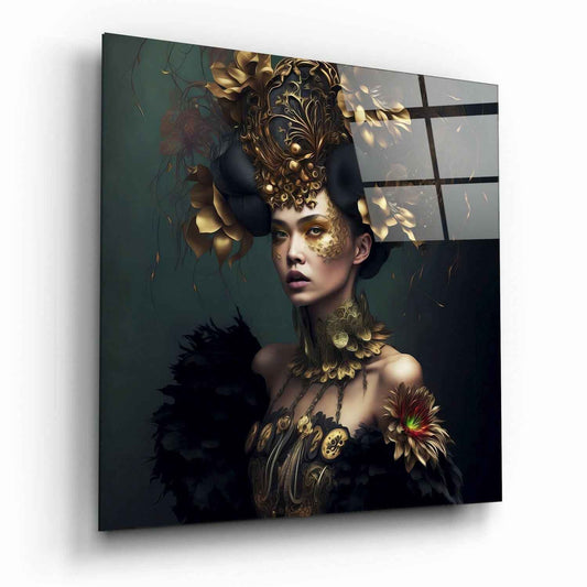 Gold Horned Headdress Emerald Lady Glass Wall Art